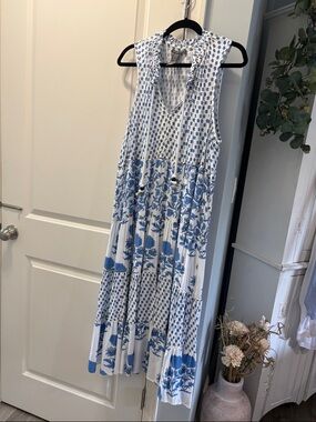 Chelsea & Theodore Blue and White Floral Tiered Maxi Dress